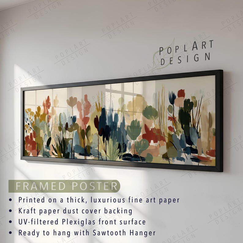 May include: A framed poster featuring an abstract floral design in a rectangular black frame. The artwork showcases a variety of colorful brushstrokes in shades of red, blue, green, and yellow. The poster is ready to hang with a sawtooth hanger.