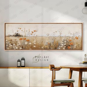 Horizontale Wildblumen Wandkunst, lange, schmale Herbstlandschaft, gerahmte Leinwand über dem Sofa