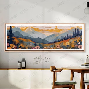 Décoration murale paysage de montagne : grande affiche en toile encadrée de fleurs horizontales au-dessus du lit