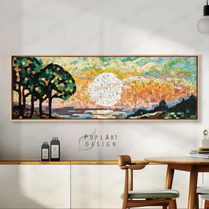 Horizontale Wandkunst, Mosaiklandschaft, Panorama über Bett-Dekor, lange schmale breite Kunst, moderne abstrakte geometrische Wandkunst, Boho-Landschaft