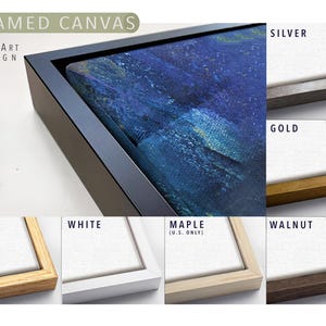 a collection of framed canvas artworks, each with a different color and frame style, arranged in a grid format.