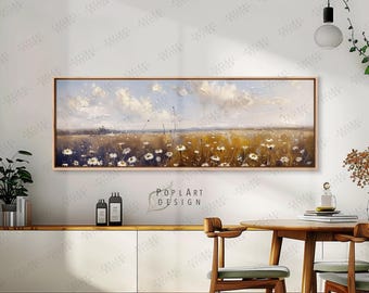 Autumn Flowers Field Landscape Wall Art: Large Horizontal Above Bed Framed Canvas Poster