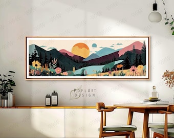 Midcentury Mountain Landscape Wall Art: Large Horizontal Retro Framed Canvas Poster