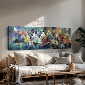 Long Horizontal Wall Art, Large Framed Canvas, Abstract Modern Art, Panoramic Landscape, Above Bed Decor, Colorful Oversized Framed Poster