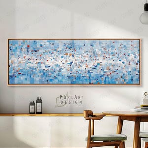 Horizontale abstracte blauwe kleurblokken schilderij: groot breed ingelijst canvas