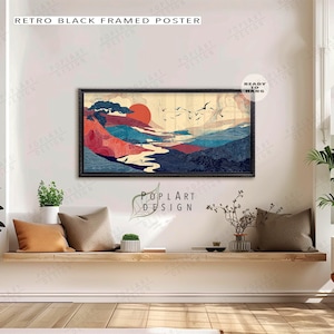 Japanese Landscape Wall Art : Large Horizontal Sunset Mountain Painting Framed Canvas Poster