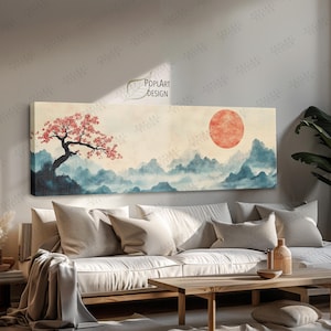 Japanese Maple Tree Canvas Art: Horizontal Vintage Sunset Landscape