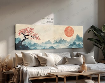 Japanese Maple Tree Canvas Art: Horizontal Vintage Sunset Landscape