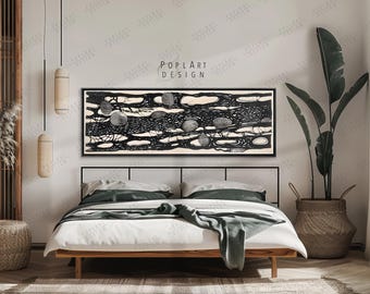Abstract Black and Beige Framed Canvas: Mid Century Modern Panoramic Art