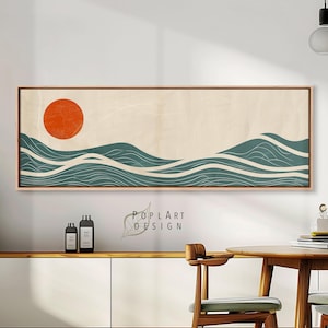 Panoramic Minimalist Sea & Sun Wall Art: Long Horizontal Waves Above Bed Framed Art