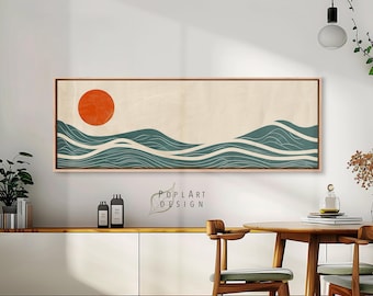 Panoramic Minimalist Sea & Sun Wall Art: Long Horizontal Waves Above Bed Framed Art