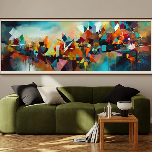 Long Horizontal Abstract Colorful Geometric Wall Art, Abstract Panoramic Painting, Wide Wall Art, Large High Quality Print, Digital Download