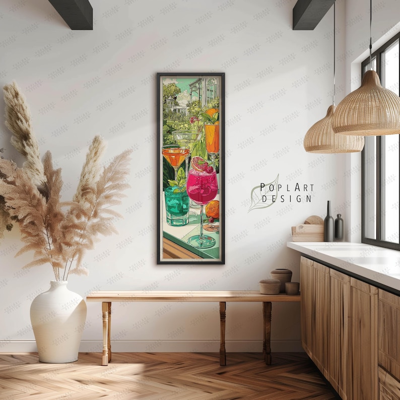 Jugendstil Cocktail Wandkunst: Lange Schmal Bunte Sommer Drinks auf Leinwand gerahmt Bild 1