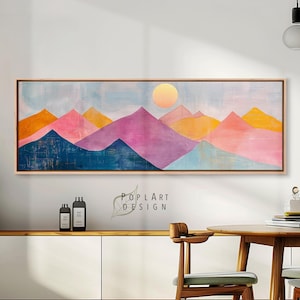 Montagne di metà secolo, arte incorniciata orizzontale lunga, grande tela incorniciata, colori pastello, decorazione sopra il letto, arte murale panoramica incorniciata, arte ampia