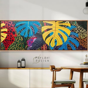 Lange horizontale gerahmte Wandkunst, bunte Monstera-Kunst, Panorama-Wandkunst, Blumen Botanisches, langes schmales Dekor, abstrakte gerahmte große Kunst