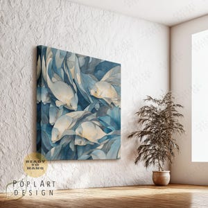 Coastal Fish Wall Art, Square Framed Canvas, Serene Ocean Decor, Beige and Blue Fish Artwork, Above Bed Large Wall Print, Large Scale Art