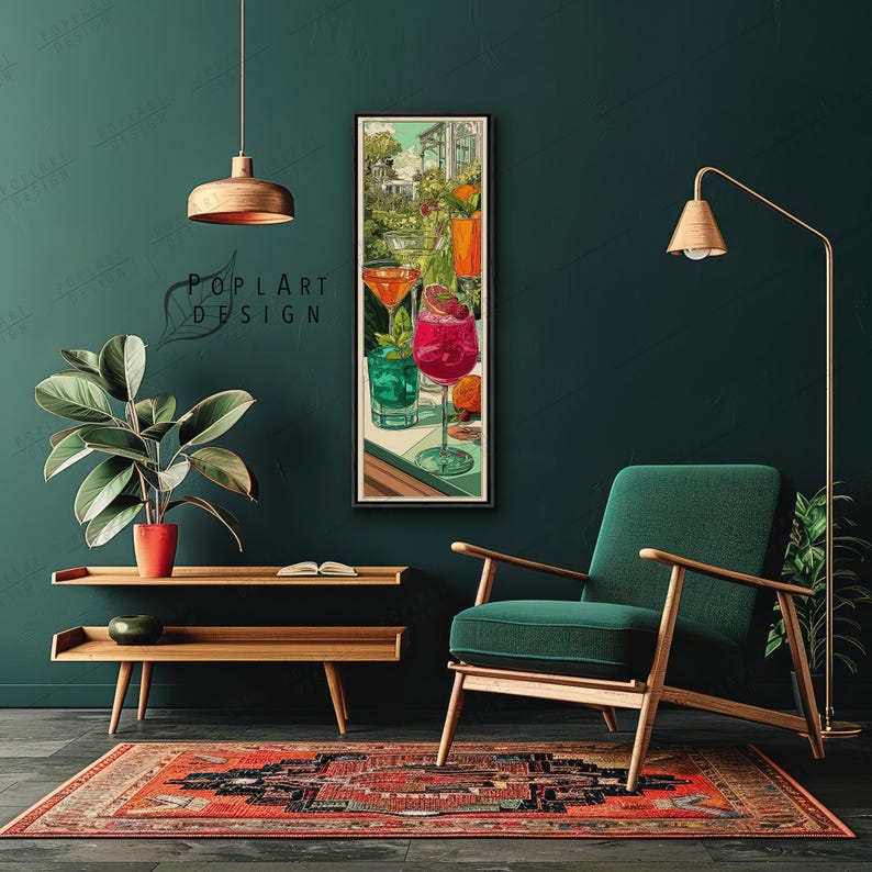 Jugendstil Cocktail Wandkunst: Lange Schmal Bunte Sommer Drinks auf Leinwand gerahmt Bild 3