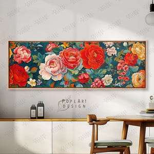 Horizontale Wandkunst, rote Rosen gerahmte Leinwand, Panorama-botanische Landschaft, Blumendruck, lange schmale Leinwand, großer Druck, über Bett-Dekor