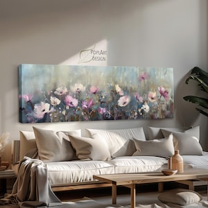 Wildblumen Garten, Horizontale Wandkunst, Panorama Landschaft, Florale Vintage Kunst, Lange schmale gerahmte Leinwand, Großer Druck, Über Bett Dekor