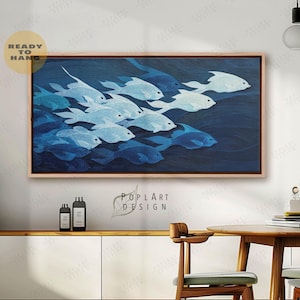 Blauwe horizontale vislijn Art Print, minimalistische linosnede oceaankunst, midcentury boven bed groot ingelijst canvas, breed ingelijste kunst, visposter