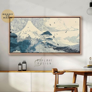 Horizontal Wall Art, Vintage Japanese Cloudy Sky, Wide Framed Wall Art, Large Framed Canvas, Panoramic Above Bed Art, Long Narrow Wide Decor