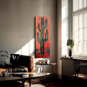 Long Vertical Saguaro Cactus Wall Art: Red Desert Large Framed Canvas