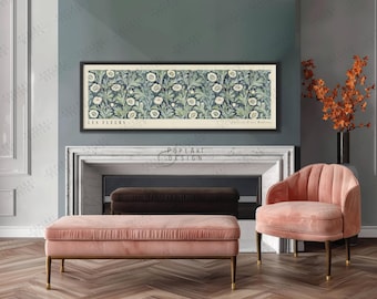 Art Nouveau Floral Wall Art: William Morris Style Blue Botanical Horizontal Framed Canvas
