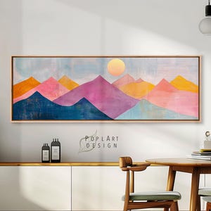 Mid Century Mountains Wall Art: Long Horizontal Pastel Colors Above Bed Decor