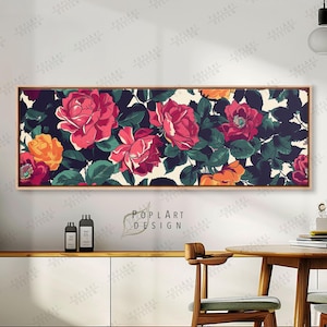 Horizontale Wandkunst, rosa Rosen, gerahmte Leinwand, Panorama-Botaniklandschaft, Blumendruck, lange schmale Leinwand, großer Druck, über dem Bettdekor