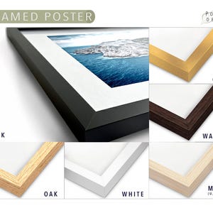 The image is a framed poster with various colored frames, including black, gold, black, white, oak, and maple.