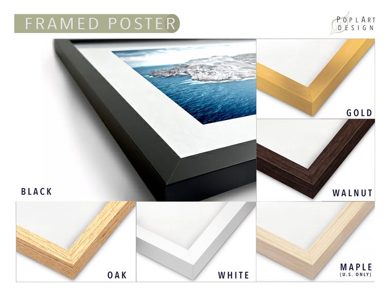 The image is a framed poster with various colored frames, including black, gold, black, white, oak, and maple.