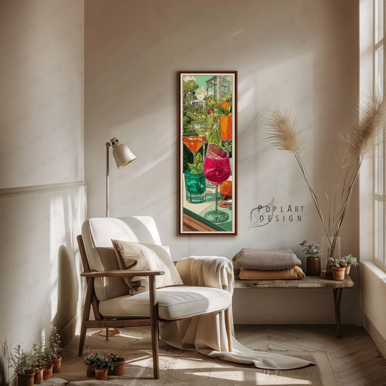 Jugendstil Cocktail Wandkunst: Lange Schmal Bunte Sommer Drinks auf Leinwand gerahmt Bild 5