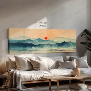 Sunset Mountain Landscape Wall Art: Long Horizontal Wide Decor, Above Bed Framed Canvas Poster