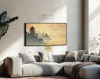 Japanese Flying Cranes Art: Vintage Birds Print, Framed Canvas