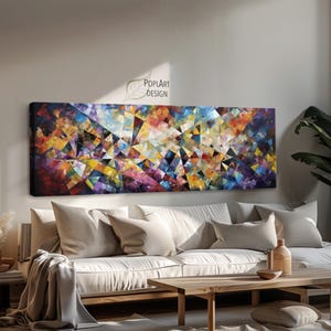 Long Horizontal Wall Art, Large Framed Canvas, Abstract Modern Art, Panoramic Landscape, Above Bed Decor, Colorful Oversized Framed Poster