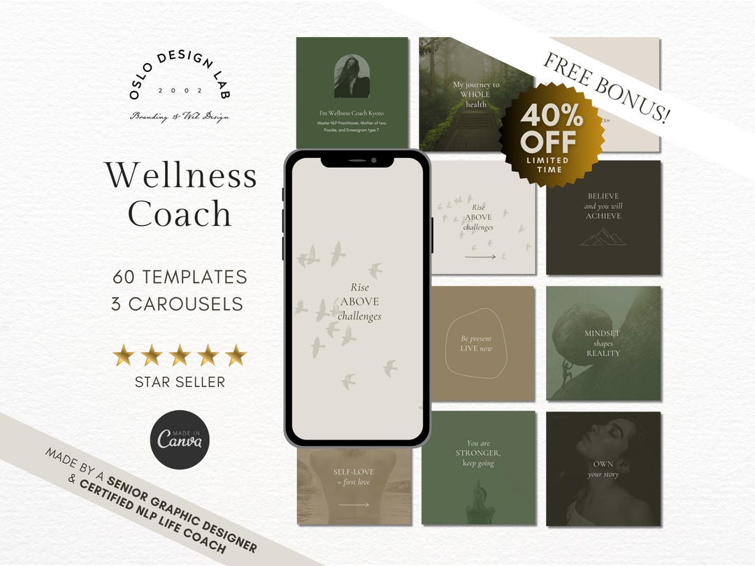 Holistic Wellness Coach Social Media Templates in Aesthetic Green Earth ...