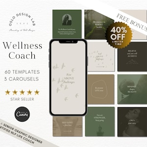 Holistic Wellness Coach Social Media Templates in Aesthetic Green Earth Tones Wellness Entrepreneurs, Life Coaches, Mindfulness Instagram
