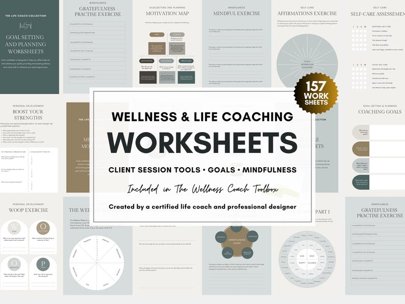 Editable life coaching worksheets for goal setting, mindfulness, and client sessions