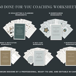 Digital goal-setting worksheets with SMART goal templates, action plans, vision board exercises, habit trackers, and productivity planners. Perfect for life coaches, personal development mentors, mindset coaches, and success coaching sessions. Editable Canva coaching templates designed for coaching businesses and wellness entrepreneurs. Instant download, high-quality professional worksheets to guide coaching clients effectively.