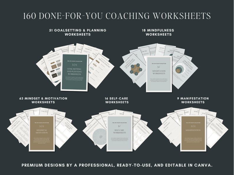 Digital goal-setting worksheets with SMART goal templates, action plans, vision board exercises, habit trackers, and productivity planners. Perfect for life coaches, personal development mentors, mindset coaches, and success coaching sessions. Editable Canva coaching templates designed for coaching businesses and wellness entrepreneurs. Instant download, high-quality professional worksheets to guide coaching clients effectively.