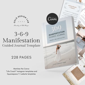May include: A blue and white journal cover with the text "369 Manifestation Guided Journal" and "Manifest 3 Big Goals in 90 Days". The journal has 228 pages and is made for Canva.