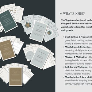 Aesthetic self-care worksheets designed for mental health, personal growth, and wellness coaching. Includes self-care planners, emotional check-in sheets, daily gratitude exercises, self-love affirmations, stress relief tools, and mindfulness techniques. Ideal for life coaches, wellness entrepreneurs, therapists, and holistic coaches. Fully editable Canva coaching templates, perfect for digital and printable coaching materials.
