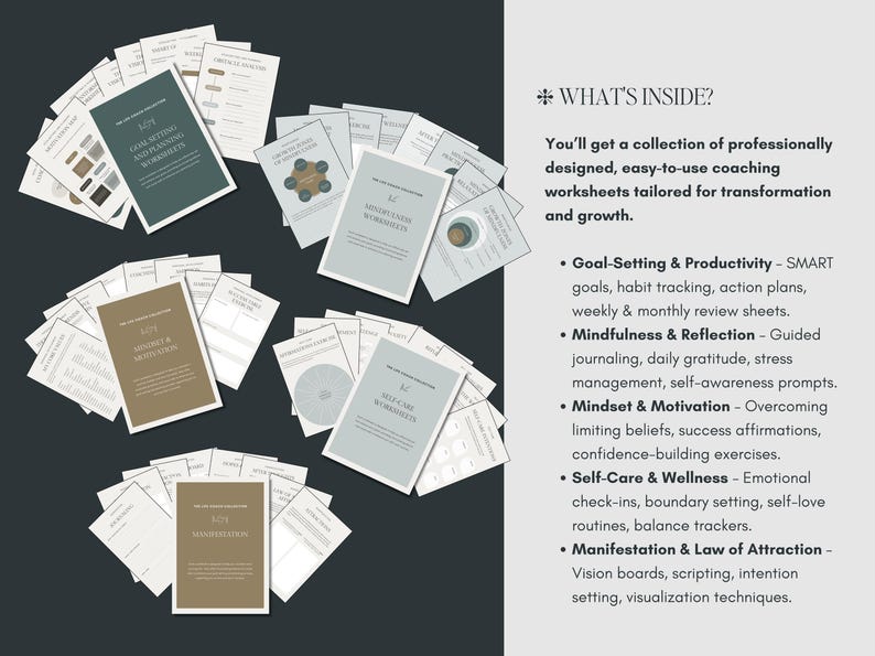 Aesthetic self-care worksheets designed for mental health, personal growth, and wellness coaching. Includes self-care planners, emotional check-in sheets, daily gratitude exercises, self-love affirmations, stress relief tools, and mindfulness techniques. Ideal for life coaches, wellness entrepreneurs, therapists, and holistic coaches. Fully editable Canva coaching templates, perfect for digital and printable coaching materials.