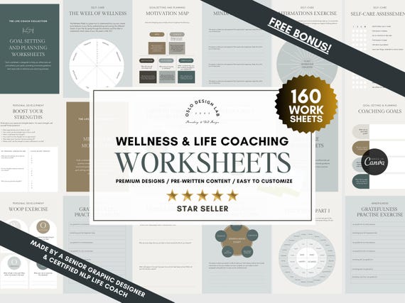 Life Coaching Worksheets Bundle: Goal Setting, Mindfulness (Canva Editable, Digital Download)