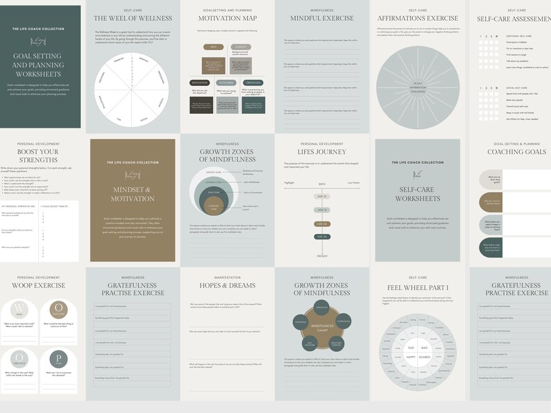Transform your coaching with mindset worksheets designed for self-improvement, success, and mental clarity. Includes positive affirmations, limiting belief exercises, self-reflection prompts, confidence-building worksheets, journaling templates, and law of attraction techniques. Ideal for life coaches, mindset mentors, business coaches, wellness entrepreneurs, and holistic health practitioners. Fully editable in Canva and easy to customize.