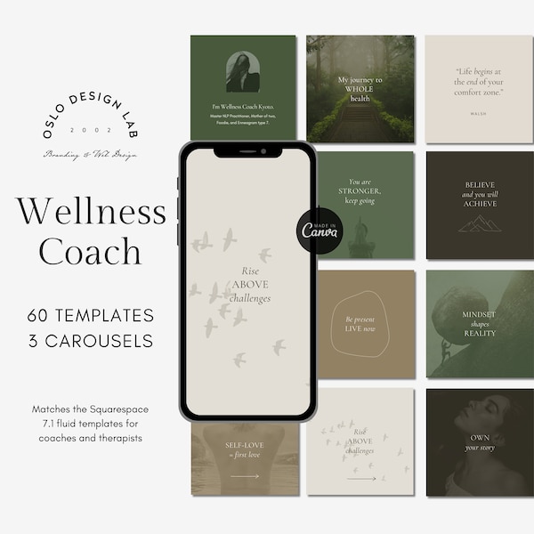 Coaching Business Instagram Canva Templates for Wellbeing Coaches in Aesthetic Green Earth Tones Wellness Coaches, Life Coaches, Mindfulness