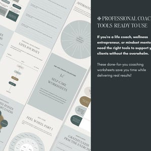 Editable life coaching worksheets for client sessions. Includes goal setting templates, mindset coaching exercises, personal development planners, and self-care worksheets. Perfect for life coaches, wellness entrepreneurs, and therapists. Fully customizable in Canva.