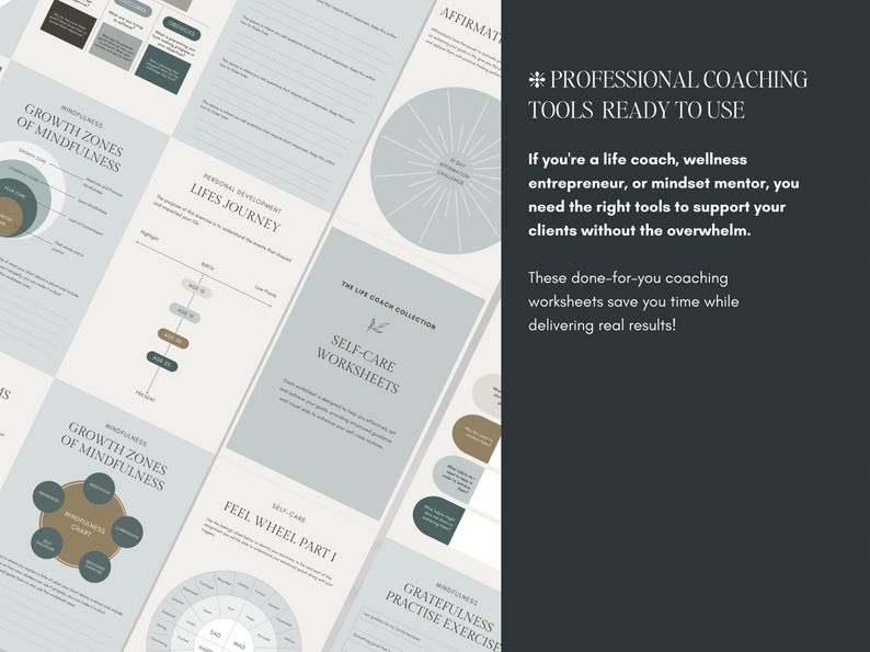 Editable life coaching worksheets for client sessions. Includes goal setting templates, mindset coaching exercises, personal development planners, and self-care worksheets. Perfect for life coaches, wellness entrepreneurs, and therapists. Fully customizable in Canva.