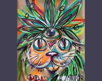 Pintura acrílica original de gato: arte felino vibrante y colorido