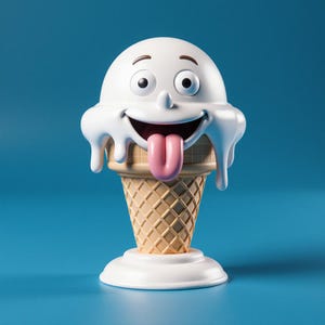 May include: A whimsical ice cream cone sculpture with a smiling face, white ice cream dripping down the sides, and a pink tongue sticking out. The cone is tan, and the base is white, set against a blue background.